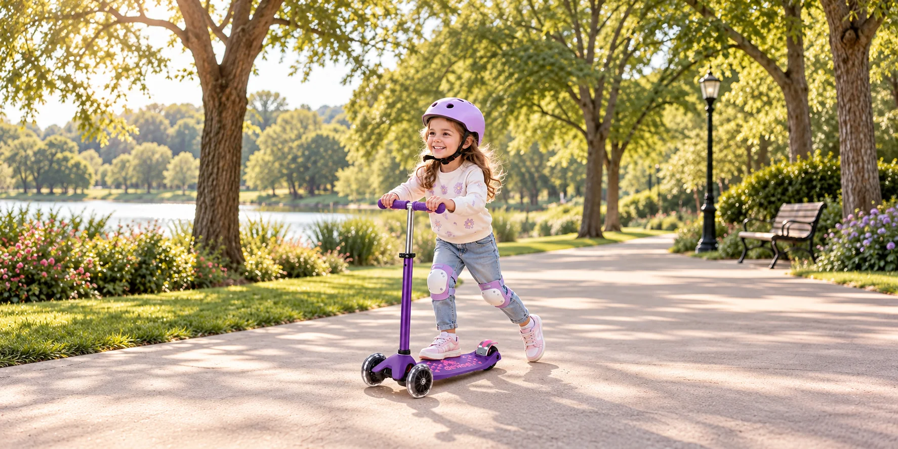 Child riding a purple Deweel scooter in a sunny park