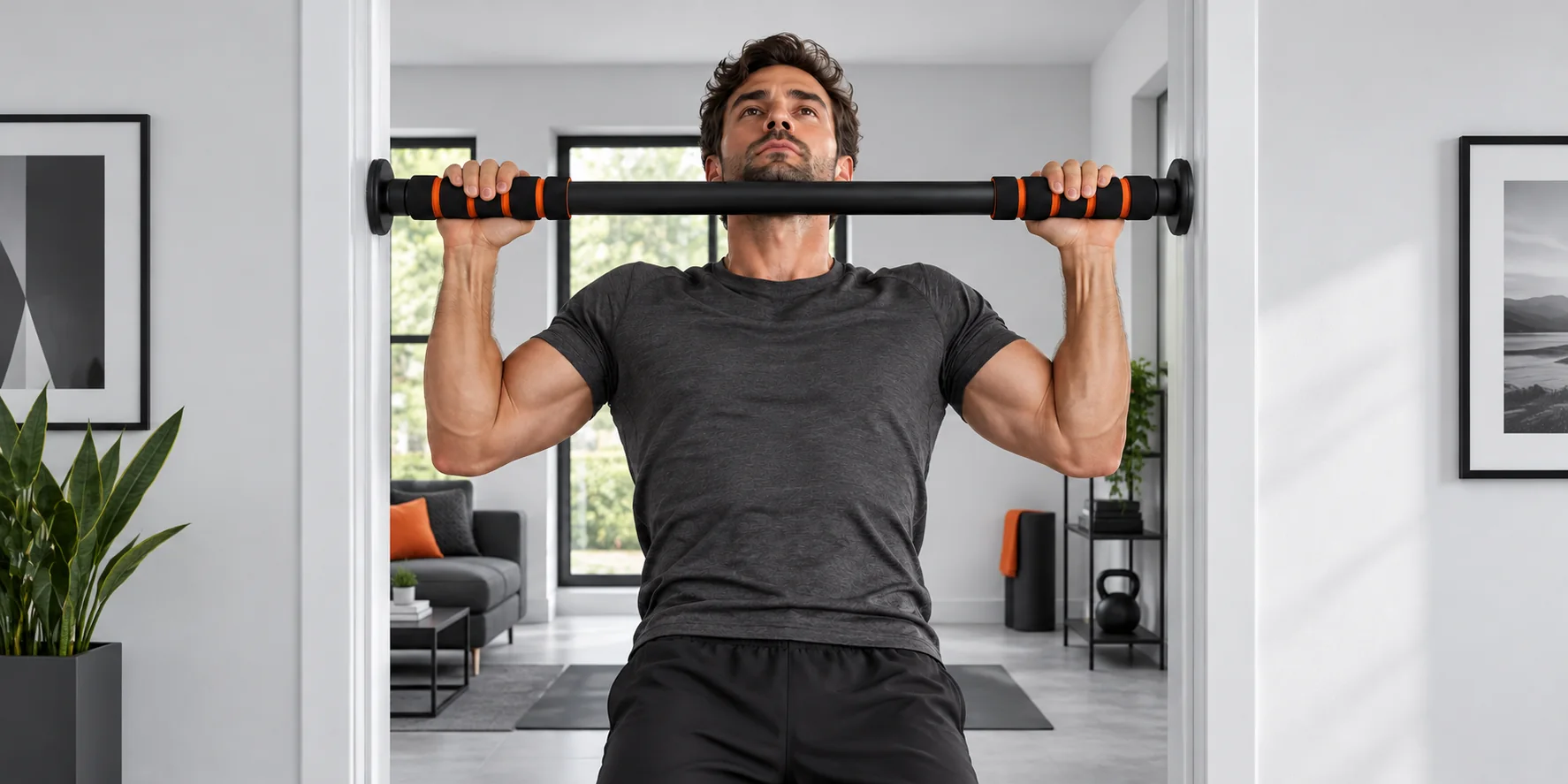 Home workout using the black and orange Playfactory pull-up bar